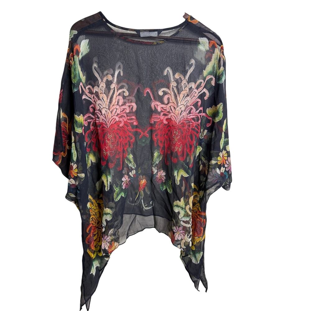 Cocoon House 100% Silk Topper Poncho Top size L/XL Chrysanthemum Floral - Picture 2 of 9